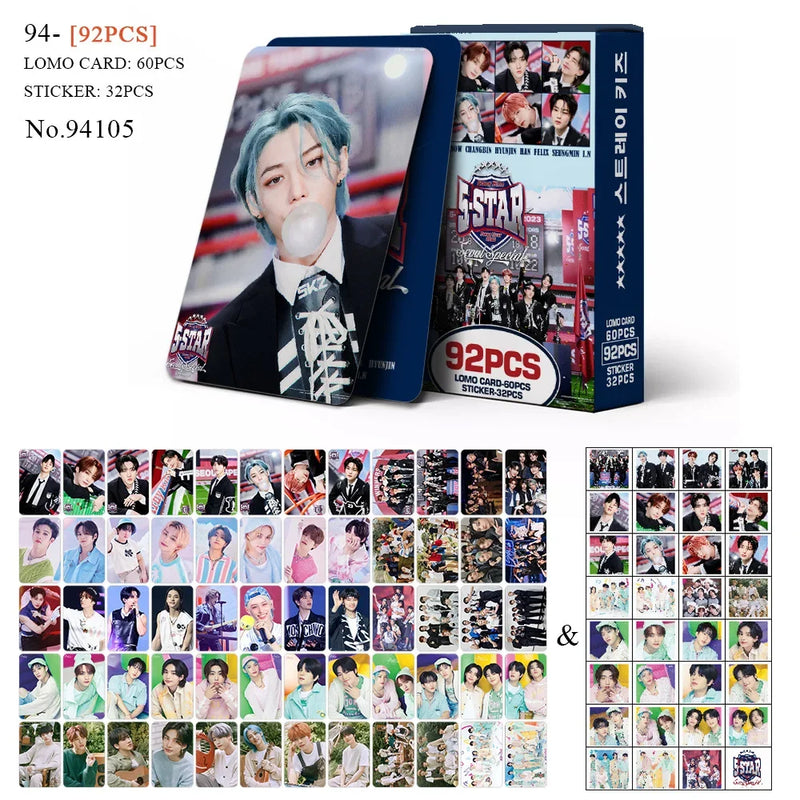 Kit Stray Kids com 60 LOMO Cards + 32 Adesivos – Hyunjin, Felix, Bang Chan | Kpop Colecionável para Fãs STAY