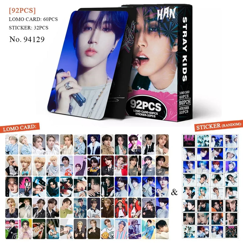 Kit Stray Kids com 60 LOMO Cards + 32 Adesivos – Hyunjin, Felix, Bang Chan | Kpop Colecionável para Fãs STAY