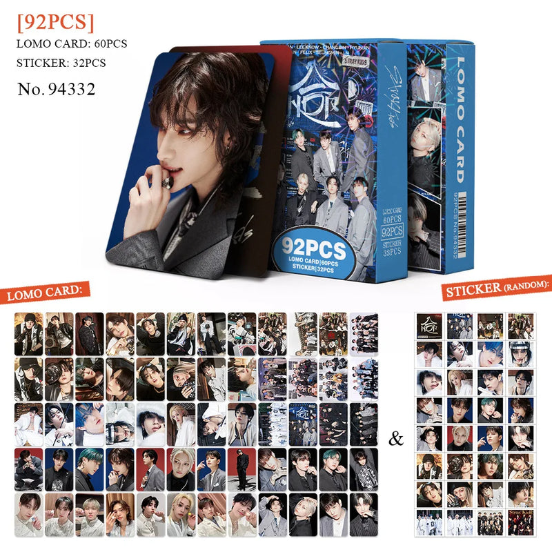 Kit Stray Kids com 60 LOMO Cards + 32 Adesivos – Hyunjin, Felix, Bang Chan | Kpop Colecionável para Fãs STAY
