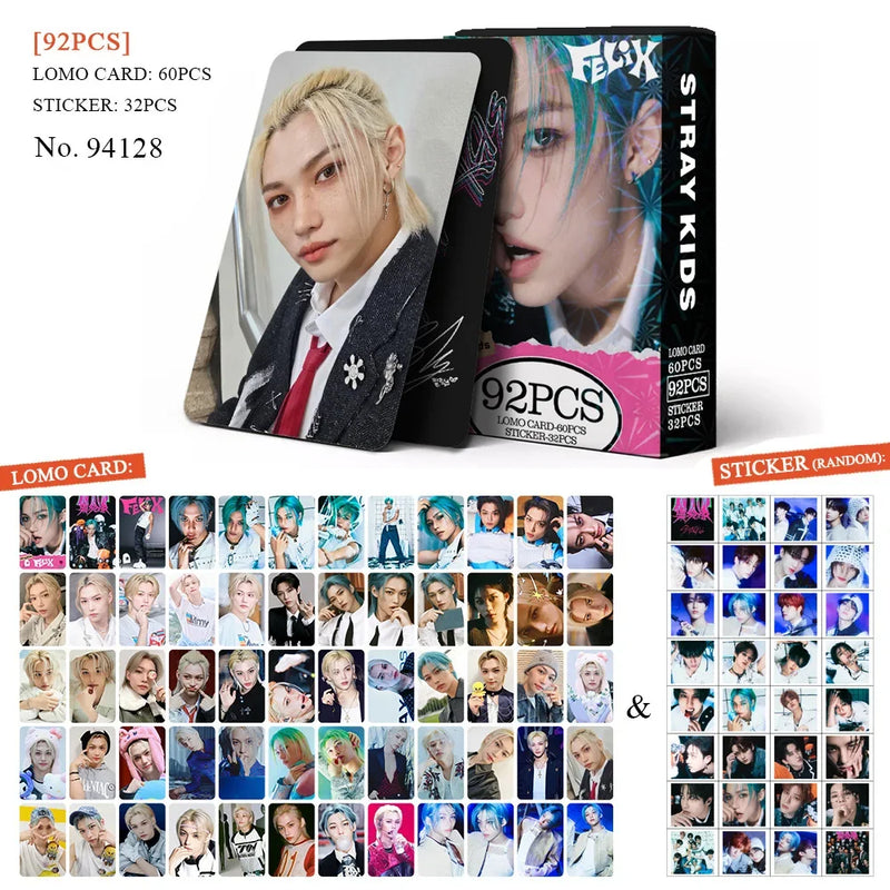 Kit Stray Kids com 60 LOMO Cards + 32 Adesivos – Hyunjin, Felix, Bang Chan | Kpop Colecionável para Fãs STAY