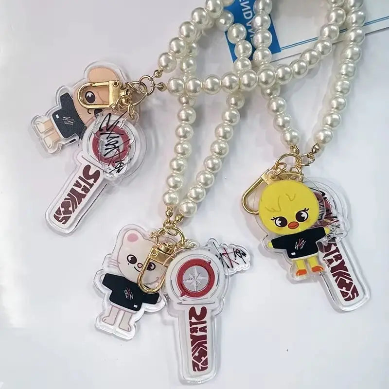 Kit Chaveiro SKZOO com Corrente de Pérolas – 3 Peças Acrílico Dupla Face | Stray Kids Merch Fofo para STAYs