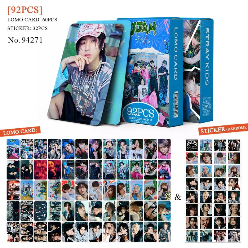Kit Stray Kids com 60 LOMO Cards + 32 Adesivos – Hyunjin, Felix, Bang Chan | Kpop Colecionável para Fãs STAY