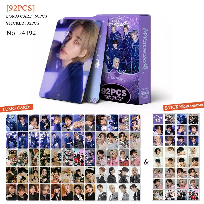 Kit Stray Kids com 60 LOMO Cards + 32 Adesivos – Hyunjin, Felix, Bang Chan | Kpop Colecionável para Fãs STAY