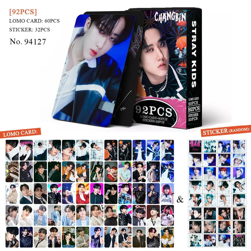 Kit Stray Kids com 60 LOMO Cards + 32 Adesivos – Hyunjin, Felix, Bang Chan | Kpop Colecionável para Fãs STAY