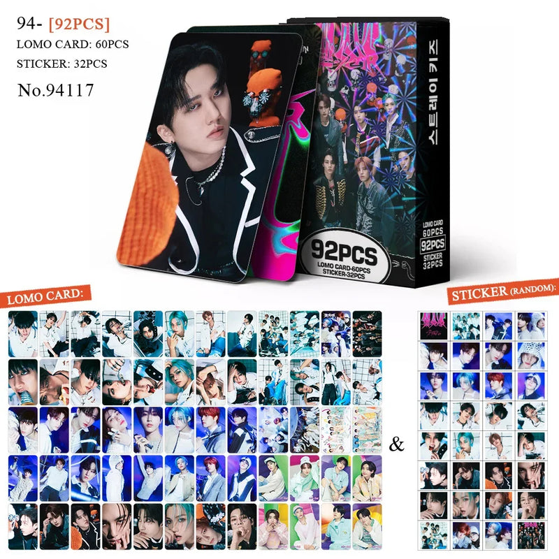 Kit Stray Kids com 60 LOMO Cards + 32 Adesivos – Hyunjin, Felix, Bang Chan | Kpop Colecionável para Fãs STAY