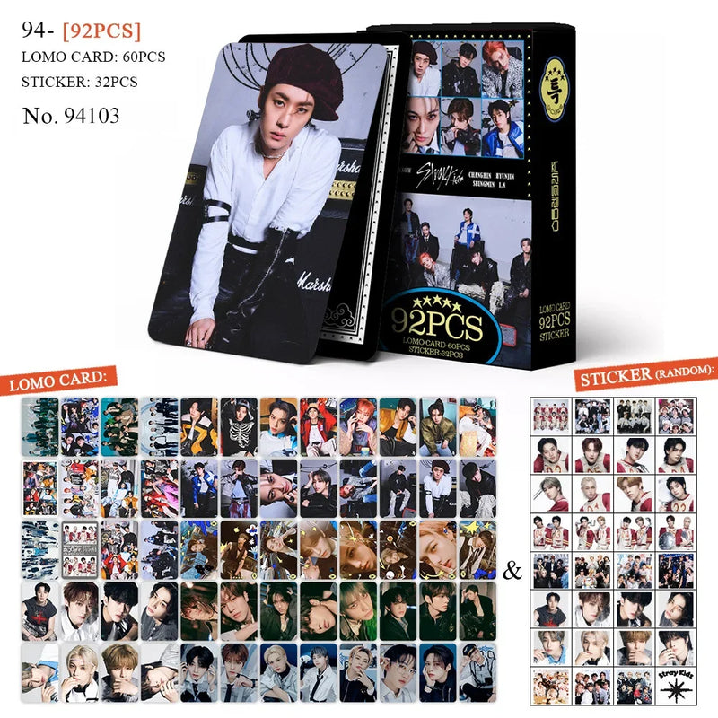 Kit Stray Kids com 60 LOMO Cards + 32 Adesivos – Hyunjin, Felix, Bang Chan | Kpop Colecionável para Fãs STAY