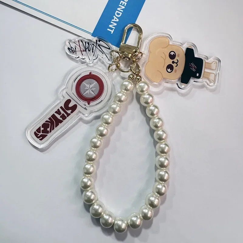 Kit Chaveiro SKZOO com Corrente de Pérolas – 3 Peças Acrílico Dupla Face | Stray Kids Merch Fofo para STAYs