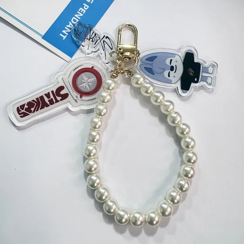 Kit Chaveiro SKZOO com Corrente de Pérolas – 3 Peças Acrílico Dupla Face | Stray Kids Merch Fofo para STAYs