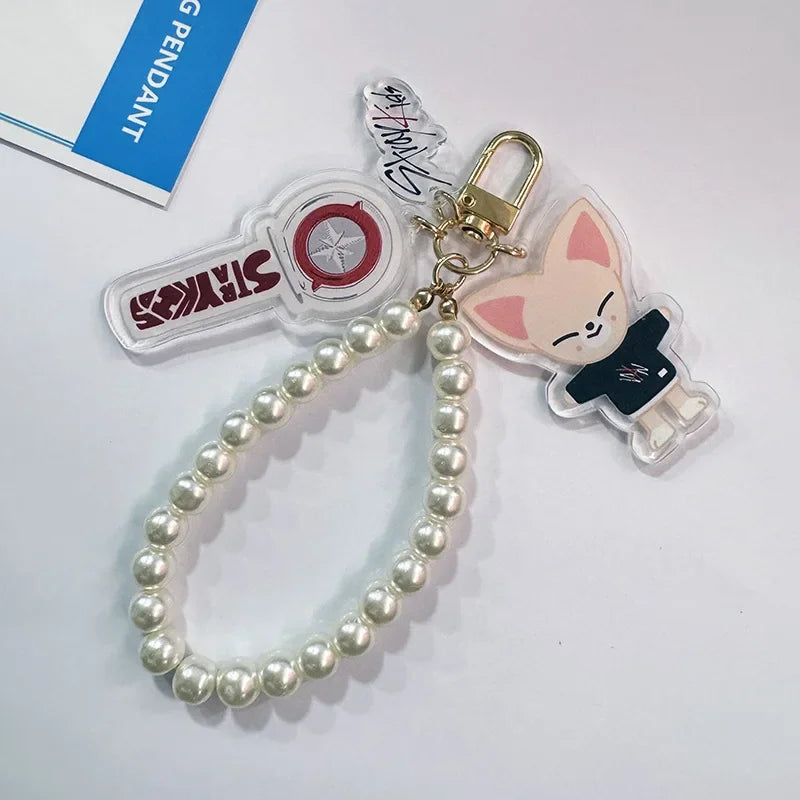 Kit Chaveiro SKZOO com Corrente de Pérolas – 3 Peças Acrílico Dupla Face | Stray Kids Merch Fofo para STAYs