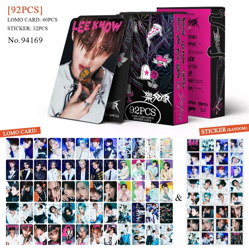 Kit Stray Kids com 60 LOMO Cards + 32 Adesivos – Hyunjin, Felix, Bang Chan | Kpop Colecionável para Fãs STAY