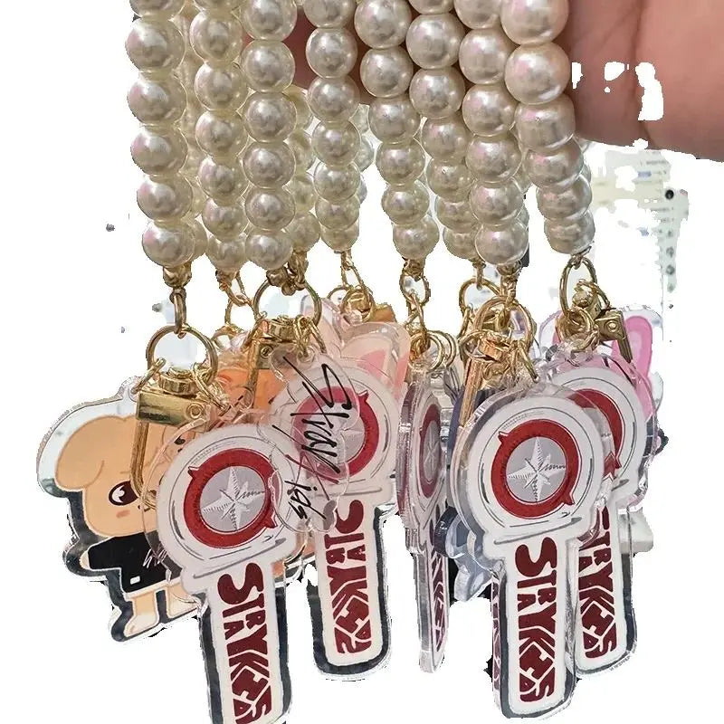 Kit Chaveiro SKZOO com Corrente de Pérolas – 3 Peças Acrílico Dupla Face | Stray Kids Merch Fofo para STAYs