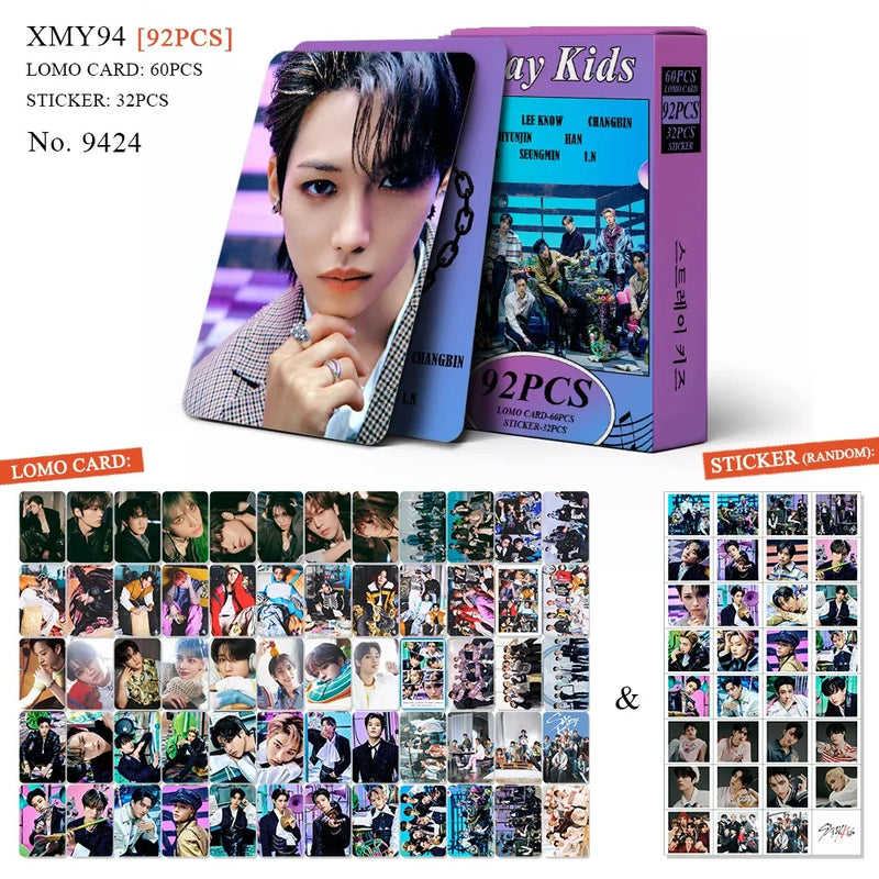 Kit Stray Kids com 60 LOMO Cards + 32 Adesivos – Hyunjin, Felix, Bang Chan | Kpop Colecionável para Fãs STAY