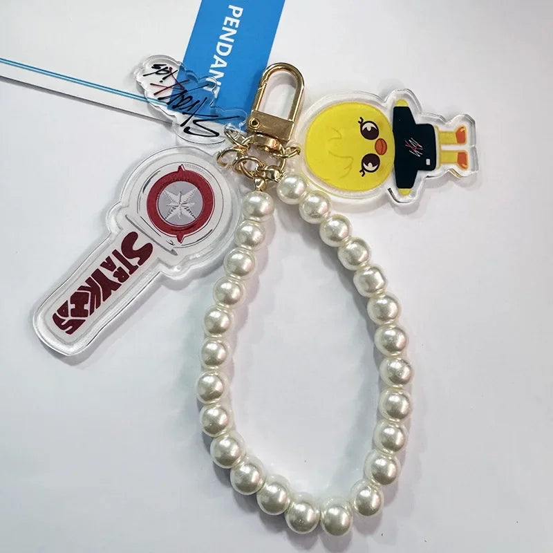 Kit Chaveiro SKZOO com Corrente de Pérolas – 3 Peças Acrílico Dupla Face | Stray Kids Merch Fofo para STAYs
