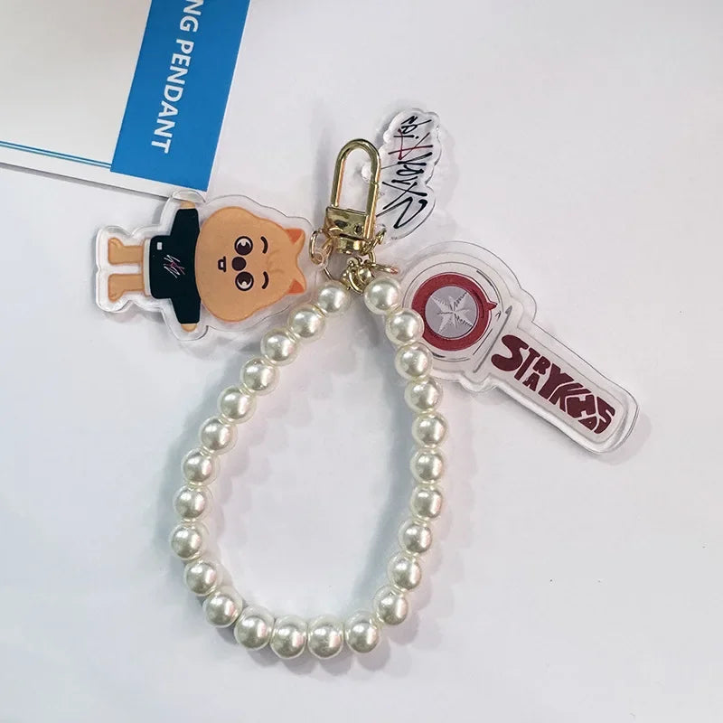 Kit Chaveiro SKZOO com Corrente de Pérolas – 3 Peças Acrílico Dupla Face | Stray Kids Merch Fofo para STAYs