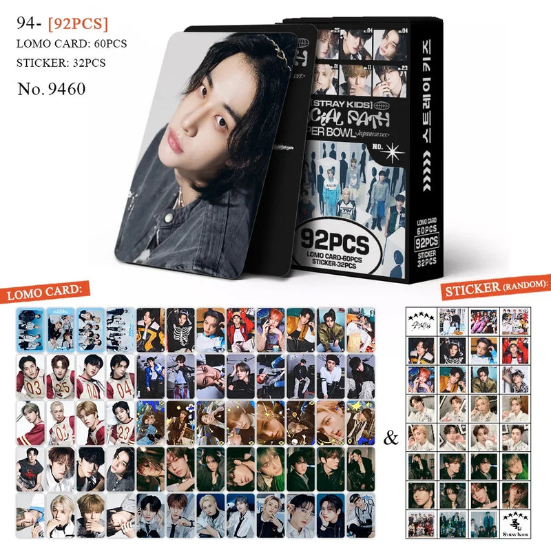 Kit Stray Kids com 60 LOMO Cards + 32 Adesivos – Hyunjin, Felix, Bang Chan | Kpop Colecionável para Fãs STAY