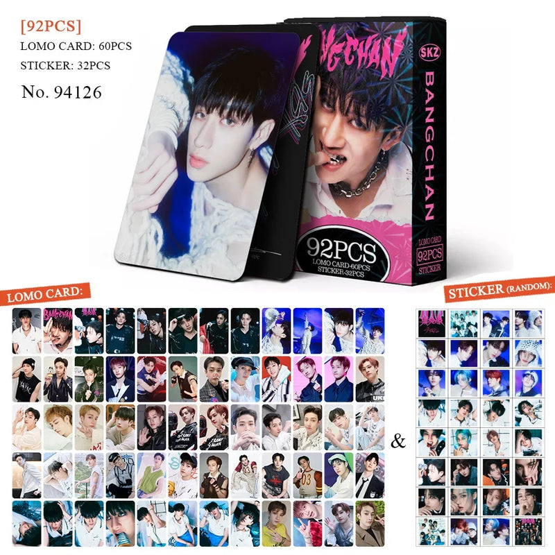 Kit Stray Kids com 60 LOMO Cards + 32 Adesivos – Hyunjin, Felix, Bang Chan | Kpop Colecionável para Fãs STAY