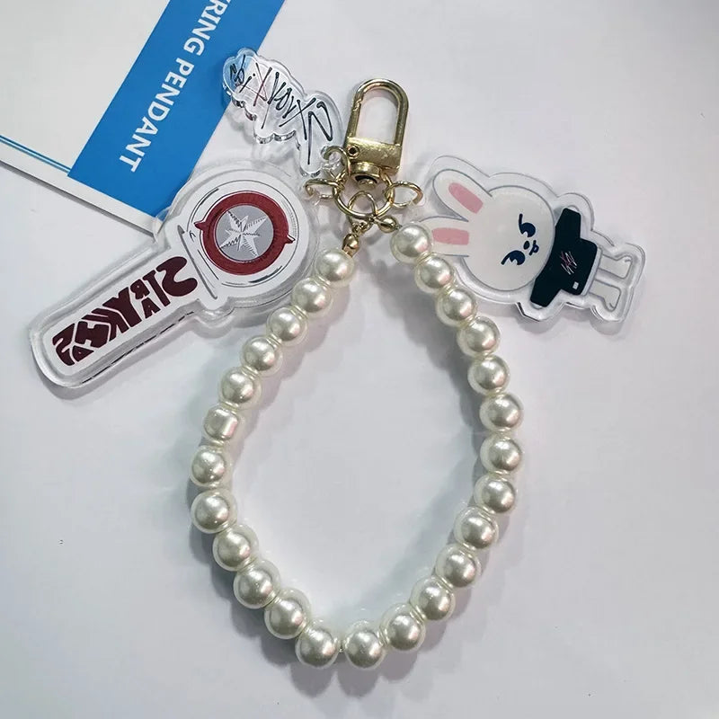 Kit Chaveiro SKZOO com Corrente de Pérolas – 3 Peças Acrílico Dupla Face | Stray Kids Merch Fofo para STAYs