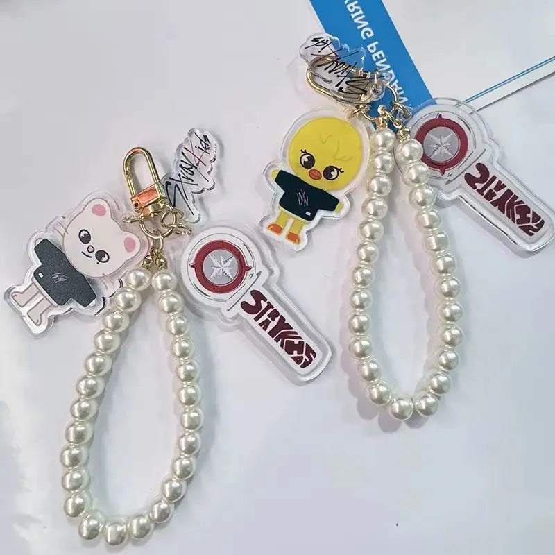Kit Chaveiro SKZOO com Corrente de Pérolas – 3 Peças Acrílico Dupla Face | Stray Kids Merch Fofo para STAYs
