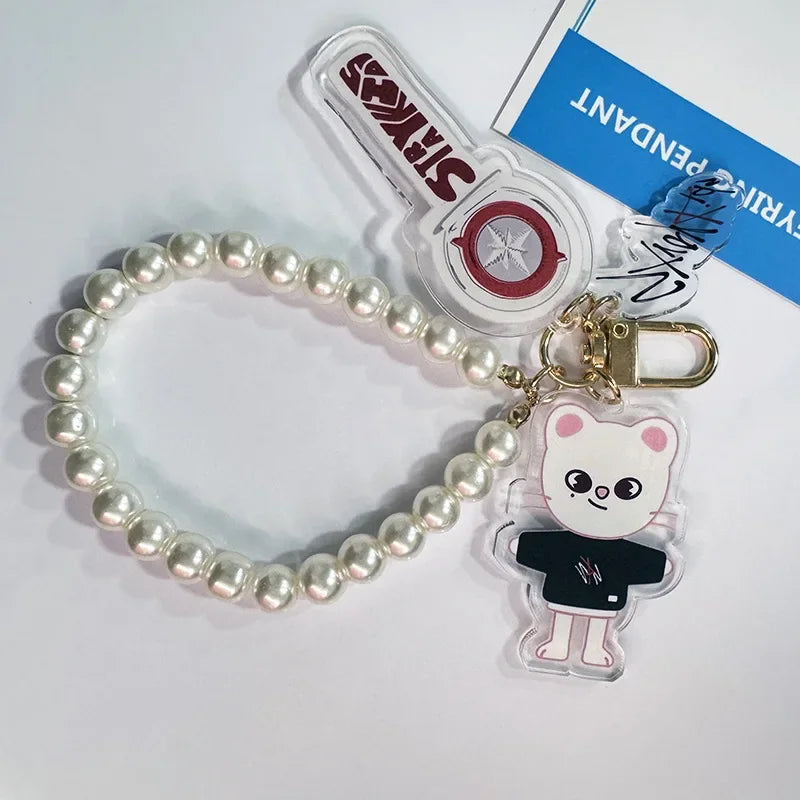 Kit Chaveiro SKZOO com Corrente de Pérolas – 3 Peças Acrílico Dupla Face | Stray Kids Merch Fofo para STAYs